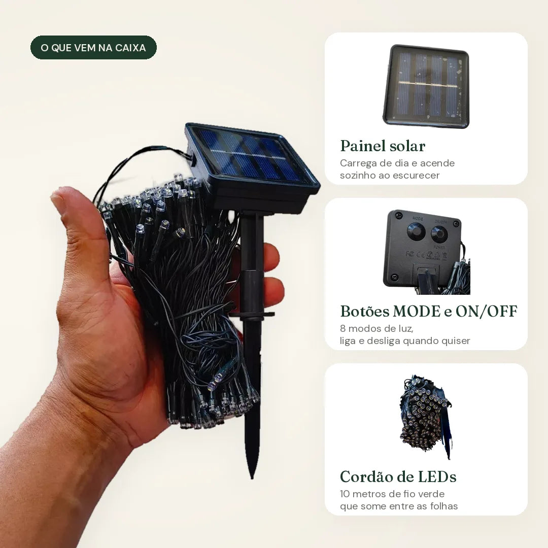 O que vem na caixa do Pisca-pisca Solar Vagalume: painel solar com estaca, botões MODE e ON/OFF e cordão de LEDs de 10 m