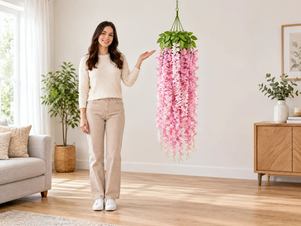 Mulher ao lado do ramo de cerejeira artificial pendurado, mostrando os 110 cm