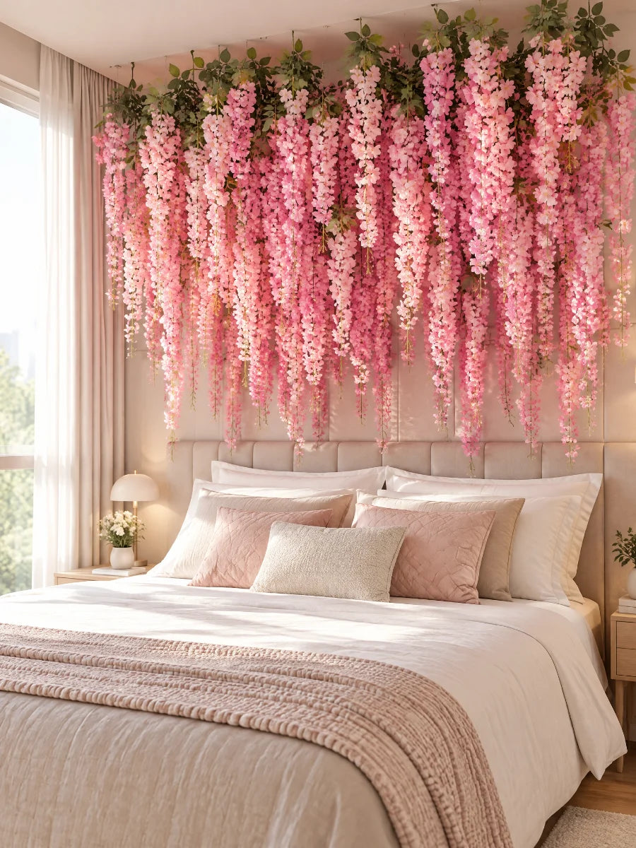 Quarto com ramos de cerejeira artificial rosa cobrindo a parede da cabeceira