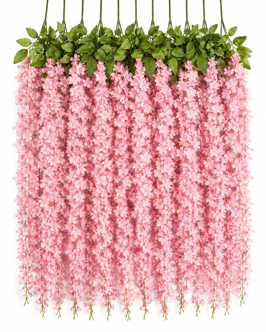 Kit Cascata com doze ramos de cerejeira artificial rosa formando cortina