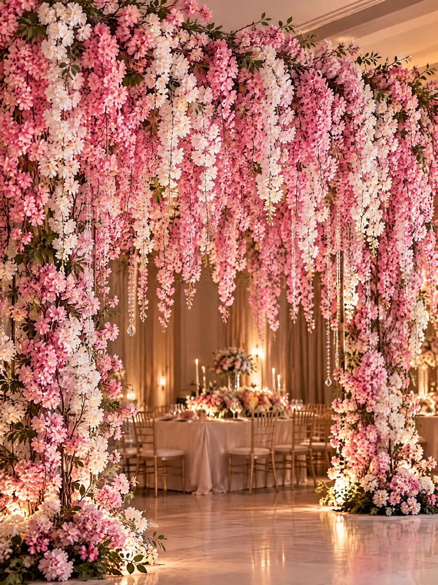 Arco de festa montado com ramos de cerejeira artificial rosa e branca