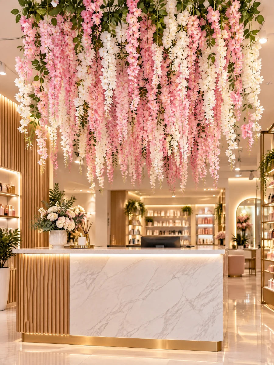 Recepção de loja com cascata de cerejeira artificial rosa e branca no teto