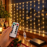 Controle remoto da cortina de LED e peça USB ligada num power bank