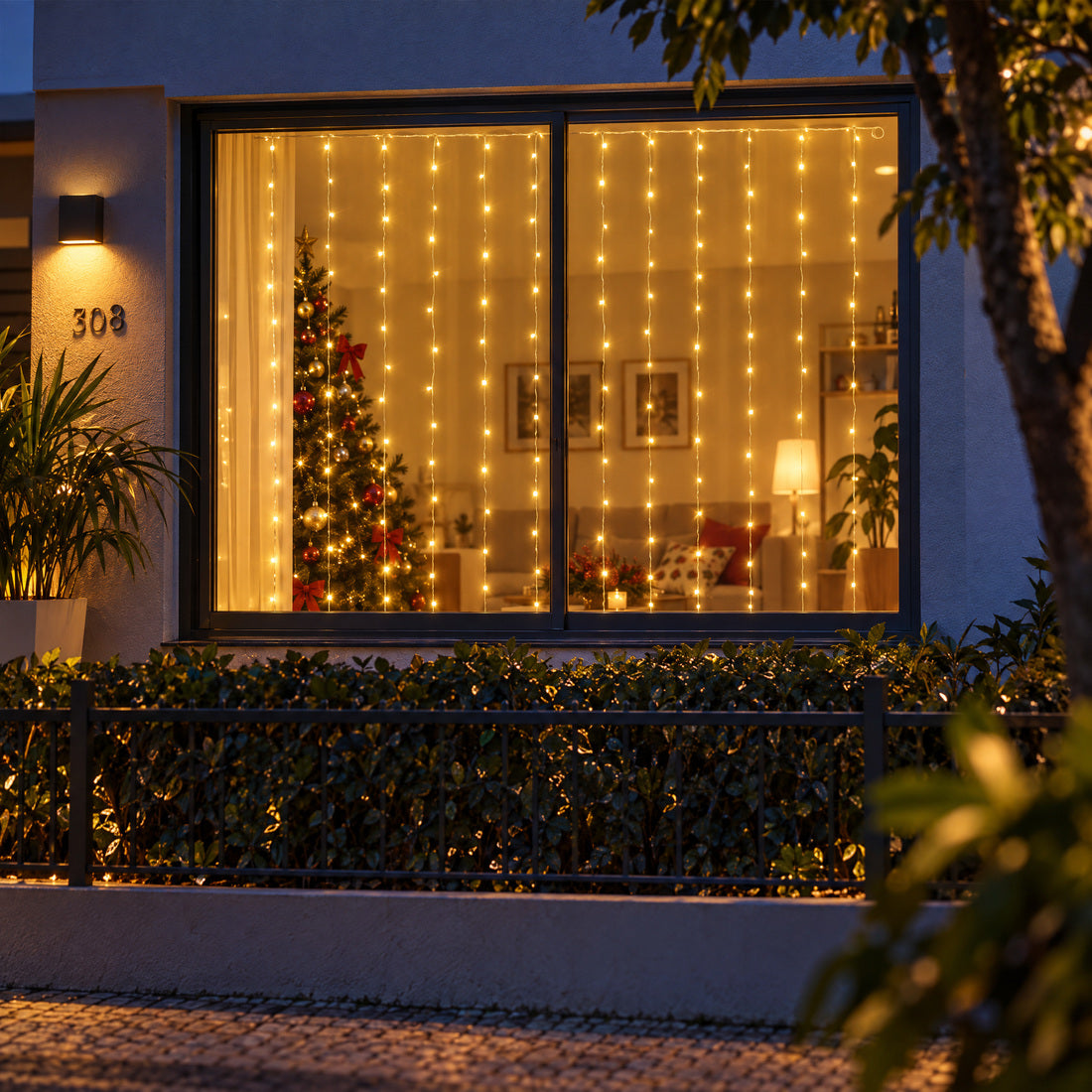 Janela vista da rua com a cortina de luz LED USB branco quente acesa no Natal