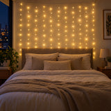 Cortina de luz LED na cabeceira da cama do quarto
