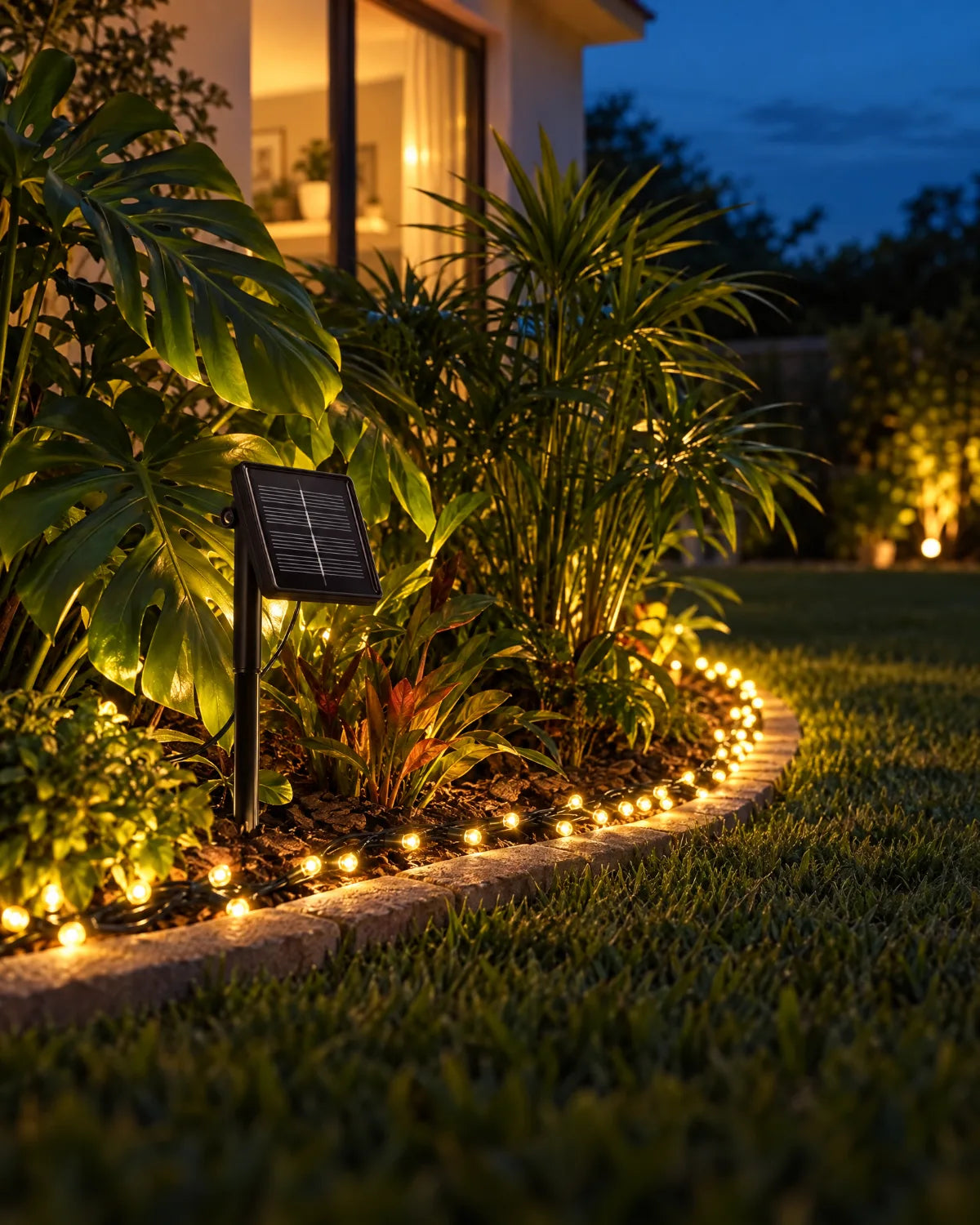 Jardim à noite iluminado pelo Pisca-pisca Solar Vagalume